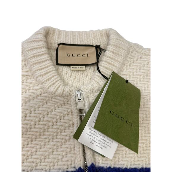 Gucci GG Zip Up Wool Mohair Web Striped Cardigan Classic Sweater Knit - Picture 5 of 8